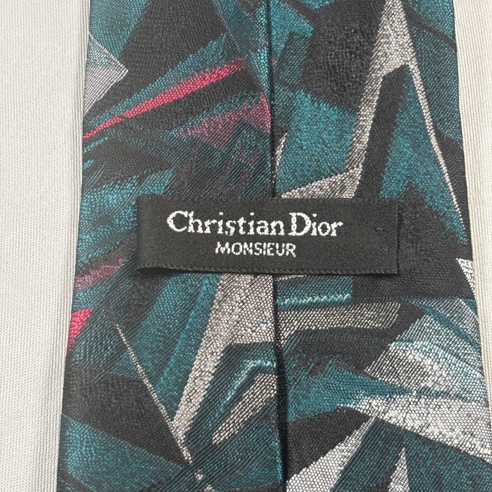 Christian Dior Necktie Men OS Teal Black Abstract Geometric Silk Blend Vintage